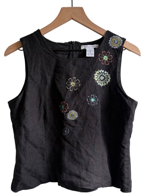 Vintage Tops - Vintage 90s Embroidered Floral Linen Tank Top Black Sleeveless Blouse Size 10